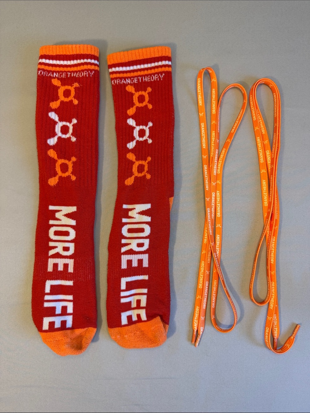 Orangetheory More Life Crew Socks and shoelace’s in Red with Orange Accents